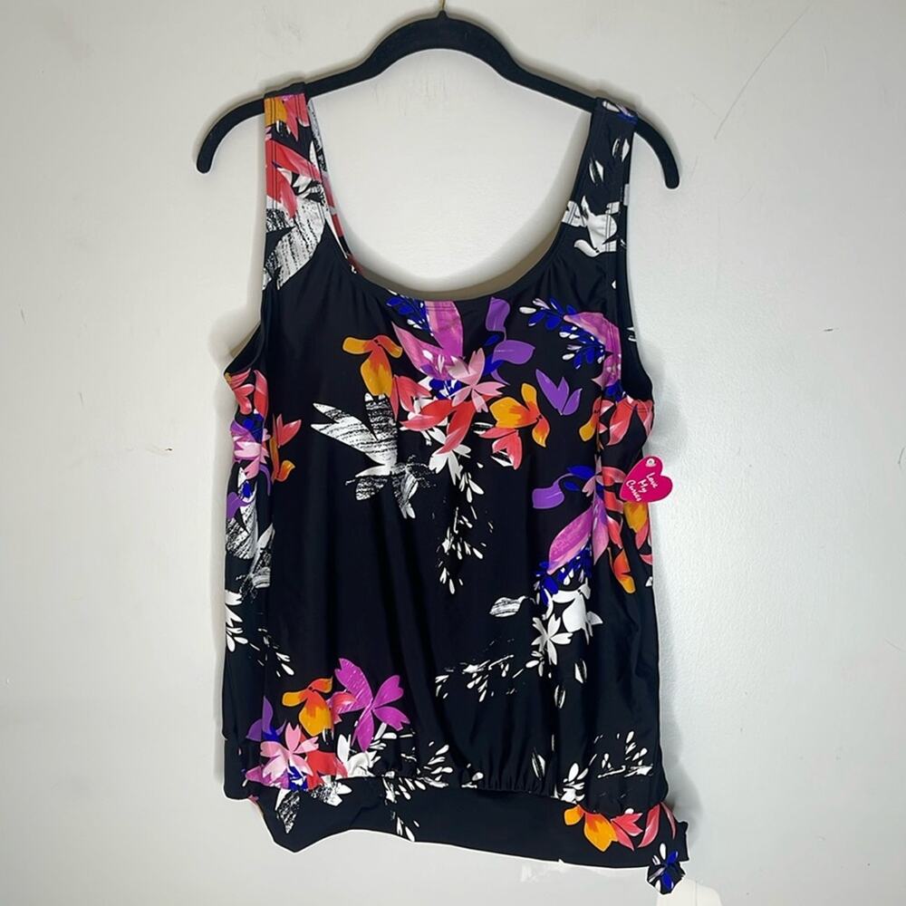 LOVE MY CURVES Tankini Tie Side Black Floral Swim Top Size 18 NWT